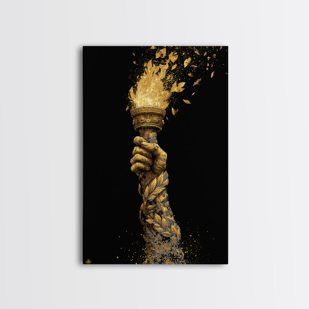 Flaming Laurel Torch Canvas Gold Canvas Print – Ancient Greek Victory Symbol Wall Art with Real Wood Frame