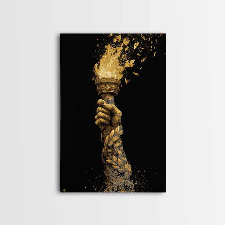 Flaming Laurel Torch Canvas Gold Canvas Print – Ancient Greek Victory Symbol Wall Art with Real Wood Frame