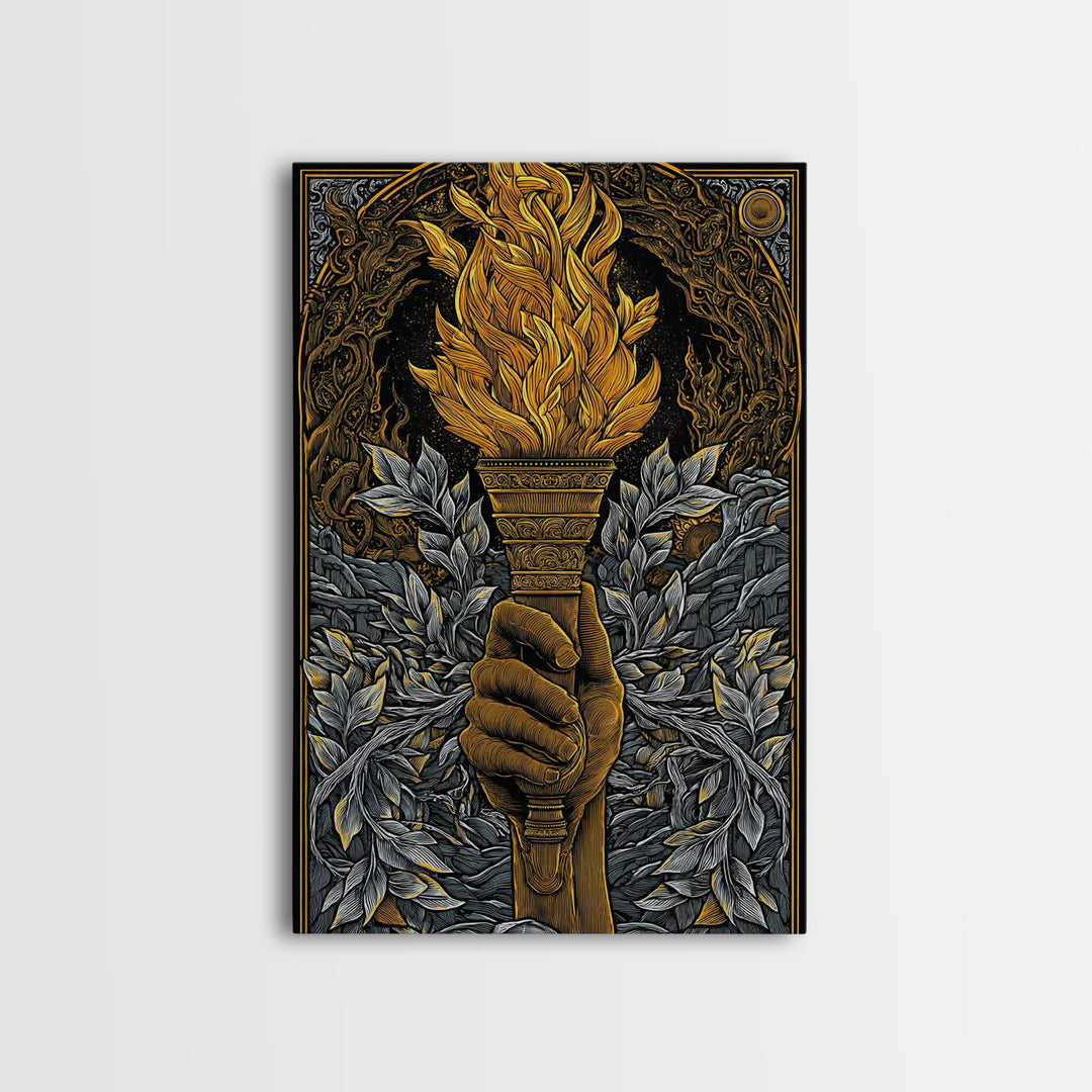 Mythic Laurel Torch Canvas Gold Canvas Print – Intricate Greek Style Wall Art with Real Wood Frame