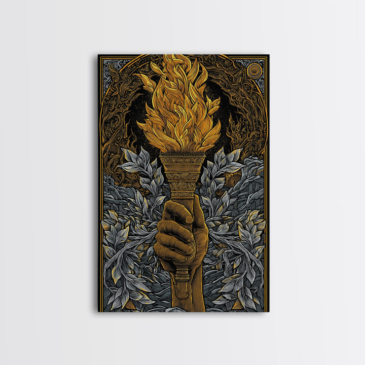 Mythic Laurel Torch Canvas Gold Canvas Print – Intricate Greek Style Wall Art with Real Wood Frame