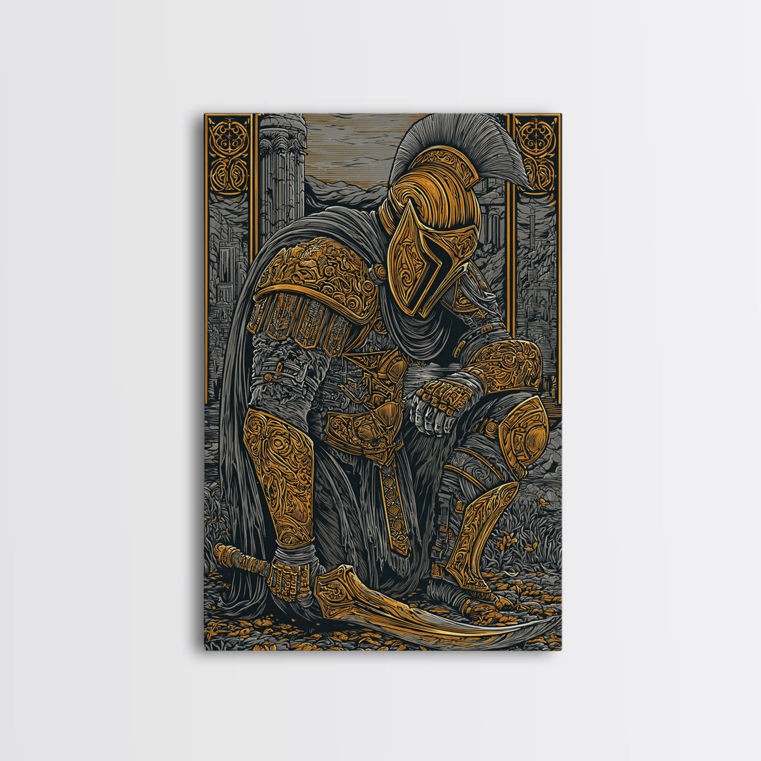 Kneeling Spartan Warrior Canvas Gold Canvas Print – Ancient Greek Hoplite Wall Art with Real Wood Frame