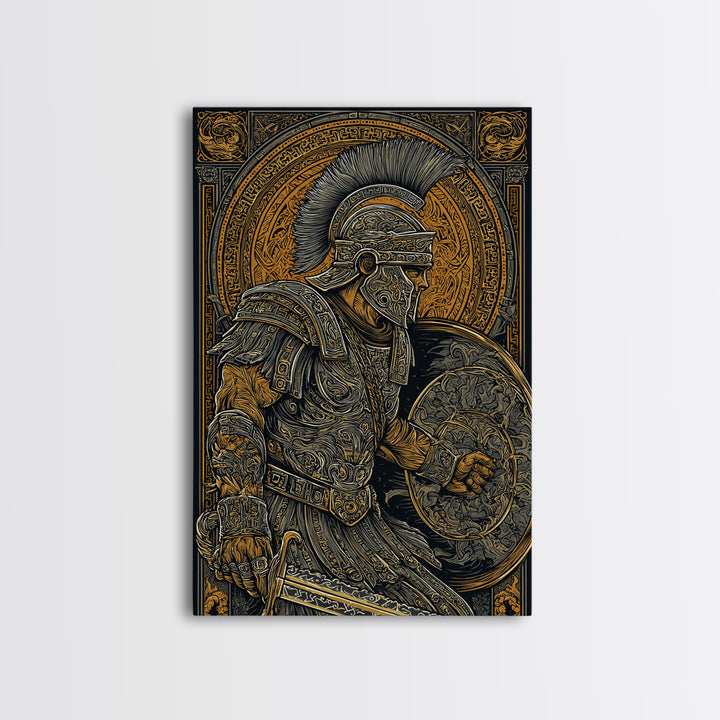 Charging Spartan Warrior Canvas Gold Canvas Print – Ancient Greek Hoplite Wall Art with Real Wood Frame