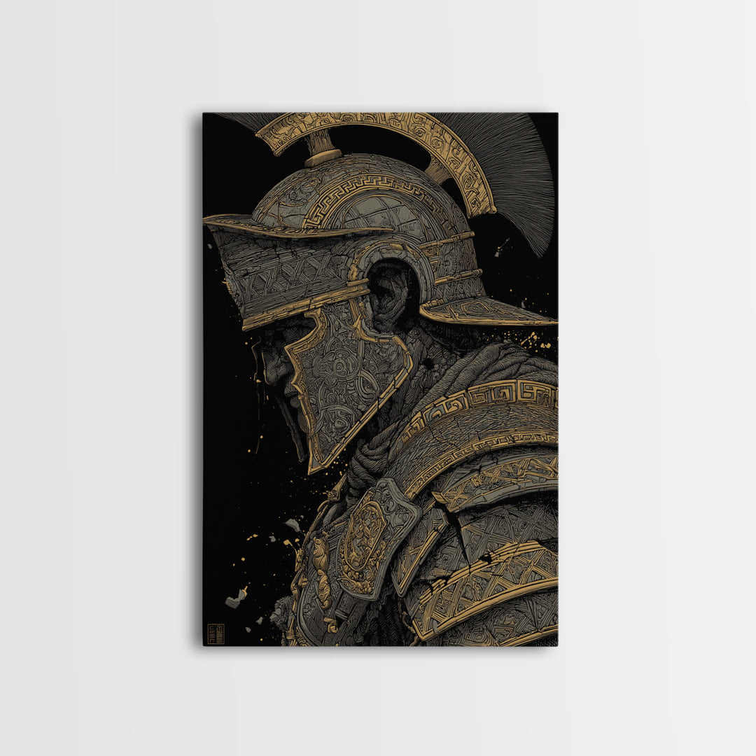 Profile Spartan Warrior Helmet Canvas Gold Canvas Print – Ancient Greek Hoplite Wall Art with Real Wood Frame
