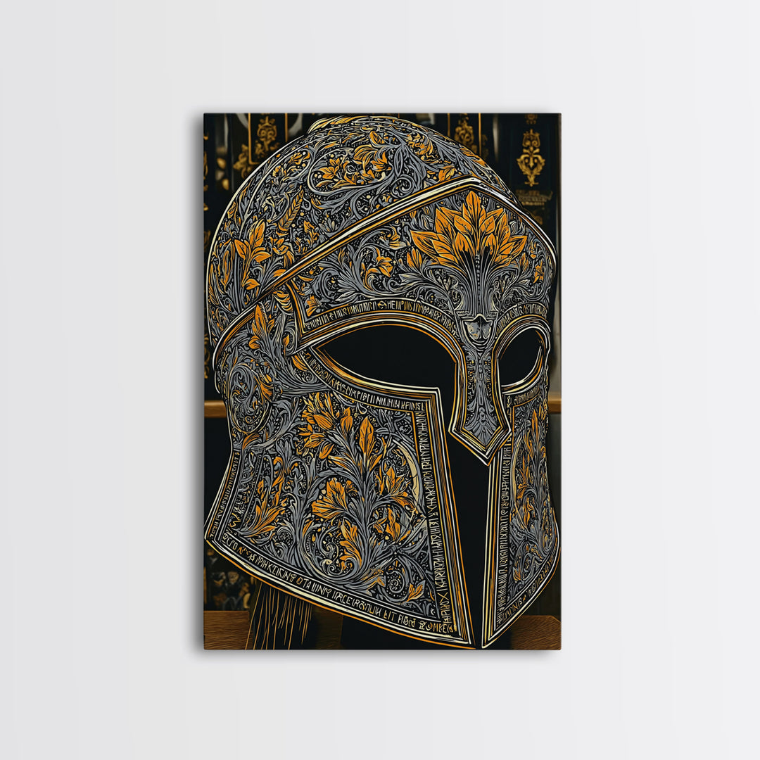Floral Spartan Helmet with Golden Leaf Engraving – Canvas Gold Art, Real Wood Framed Canvas Art, Classic Warrior Helmet Wall Decor