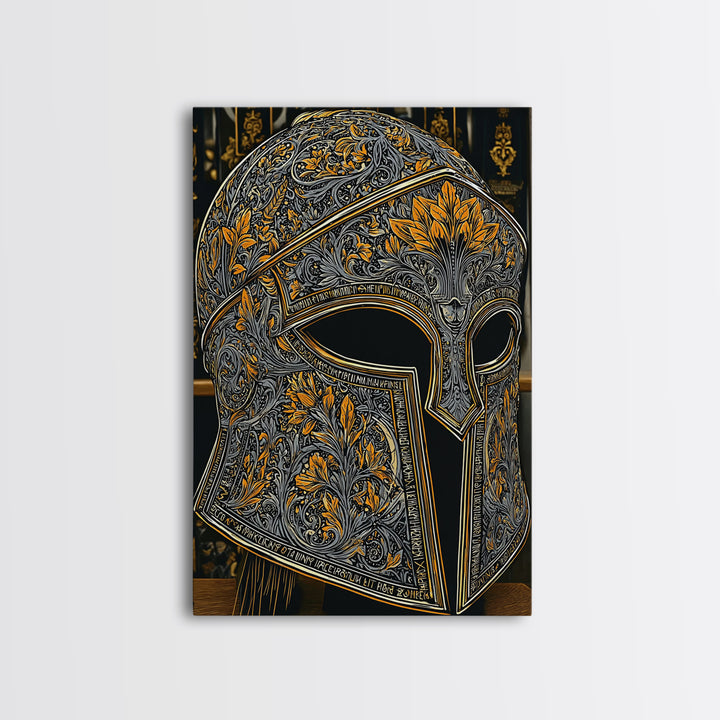 Floral Spartan Helmet with Golden Leaf Engraving – Canvas Gold Art, Real Wood Framed Canvas Art, Classic Warrior Helmet Wall Decor