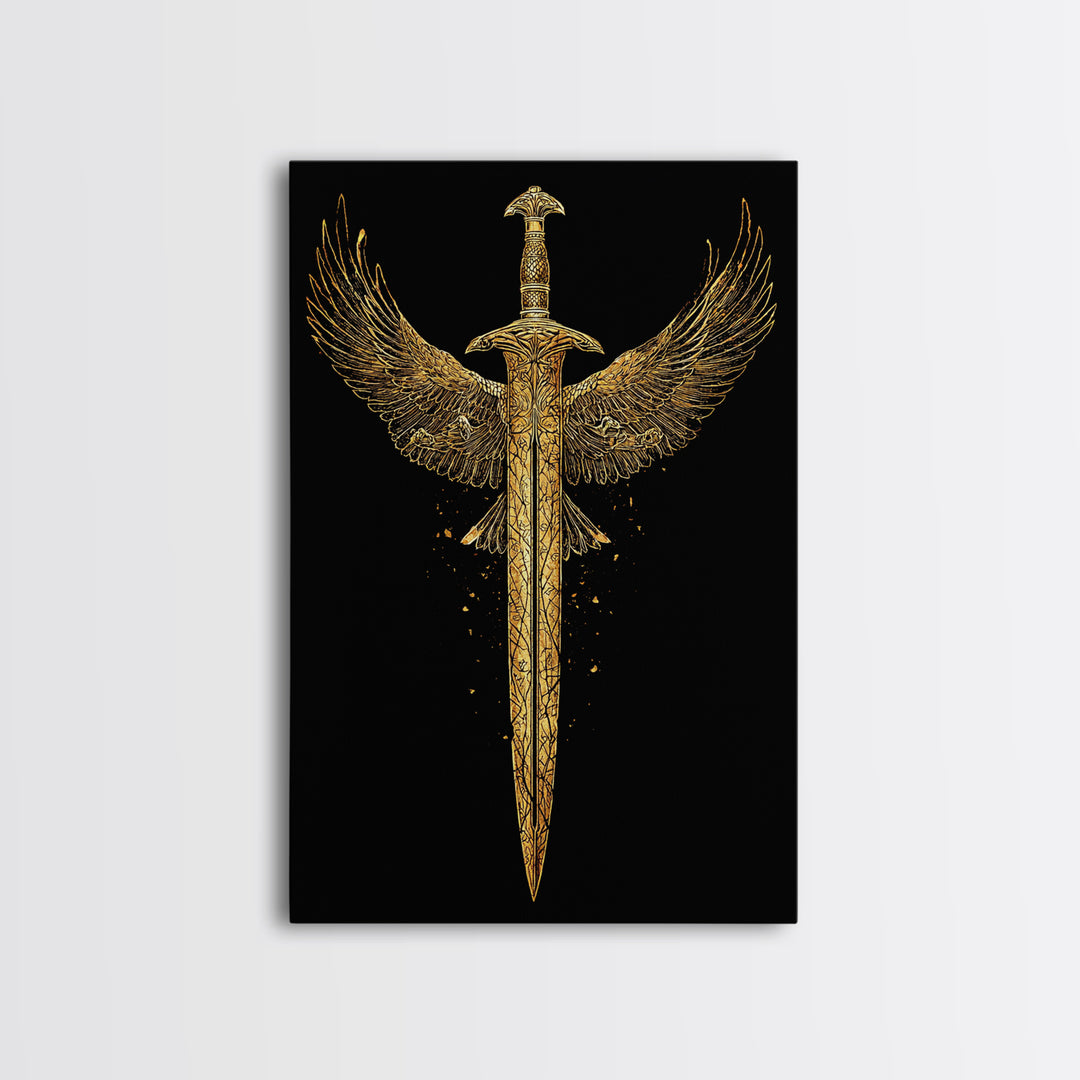 Winged Sword Canvas Gold Canvas Print – Mythical Fantasy Weapon Wall Art with Real Wood Frame for Home Decor