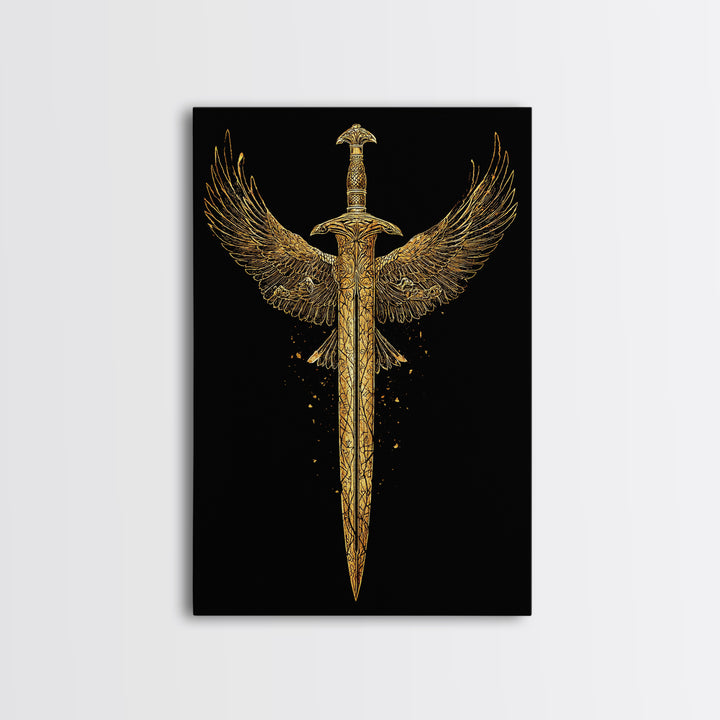 Winged Sword Canvas Gold Canvas Print – Mythical Fantasy Weapon Wall Art with Real Wood Frame for Home Decor