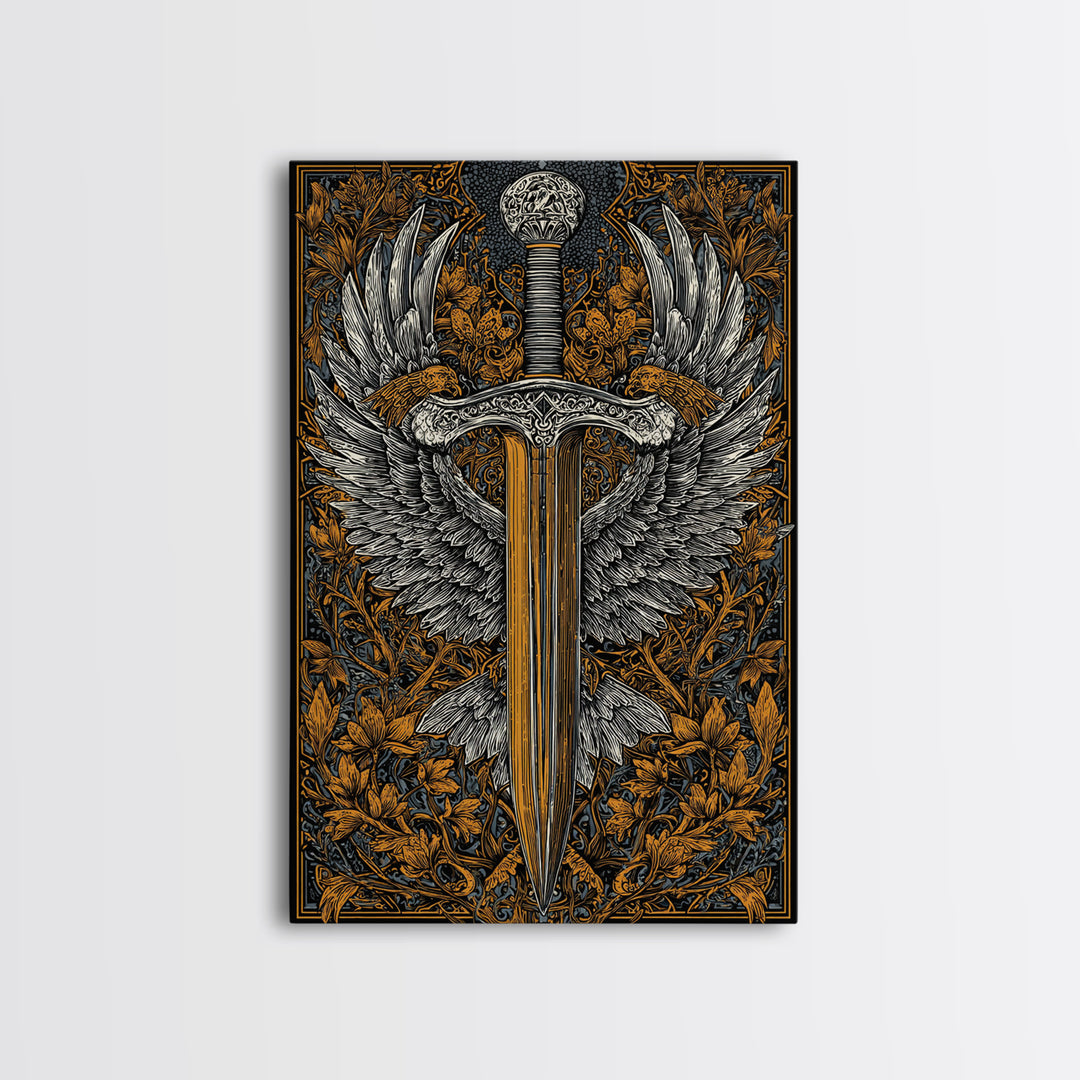 Winged Sword Canvas Gold Canvas Print – Intricate Medieval Blade with Angel Wings Design, Real Wood Frame Wall Art