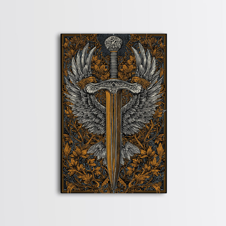 Winged Sword Canvas Gold Canvas Print – Intricate Medieval Blade with Angel Wings Design, Real Wood Frame Wall Art