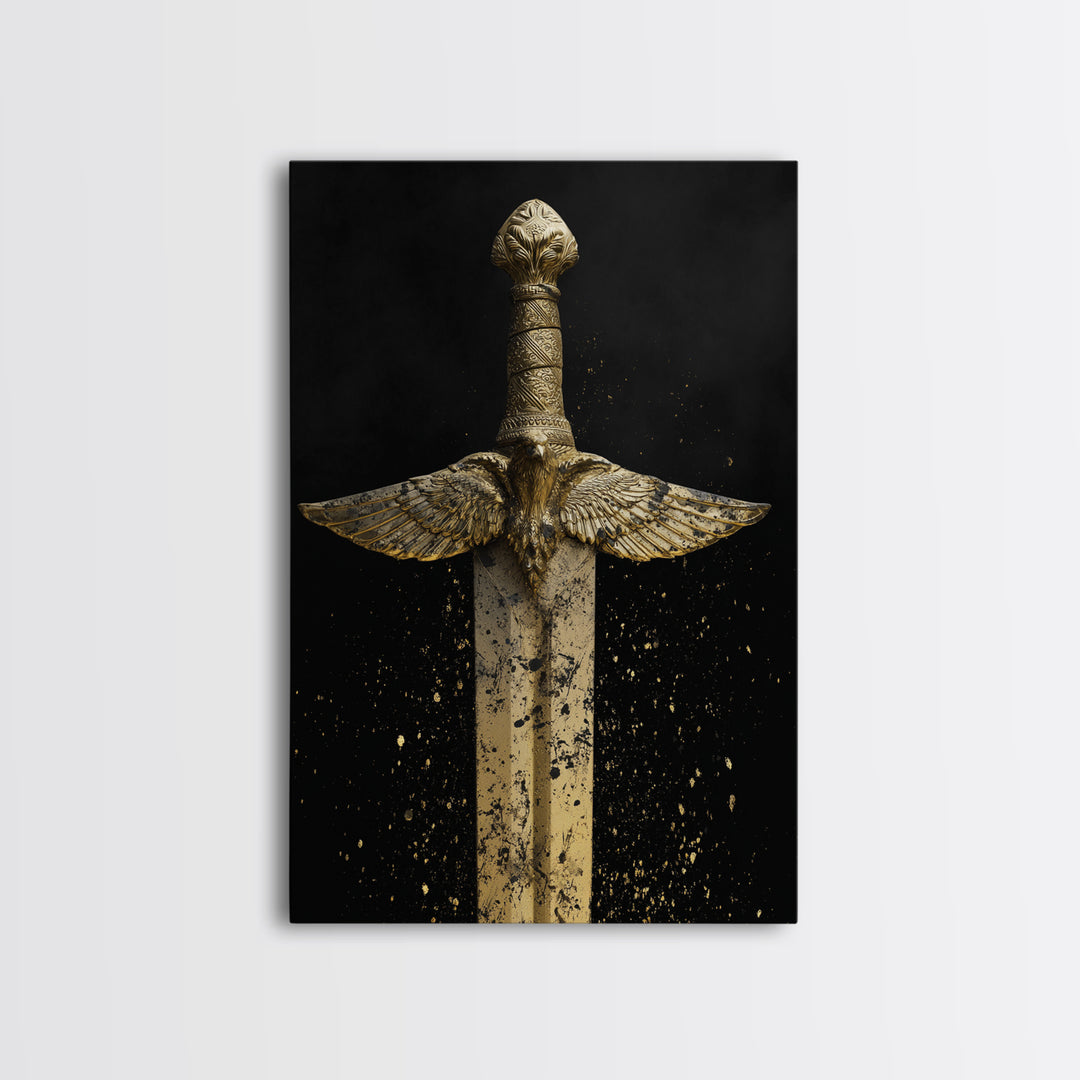 Golden Eagle Sword Canvas Gold Art – Ornate Medieval Blade with Spreading Wings, Real Wood Frame Warrior Home Décor