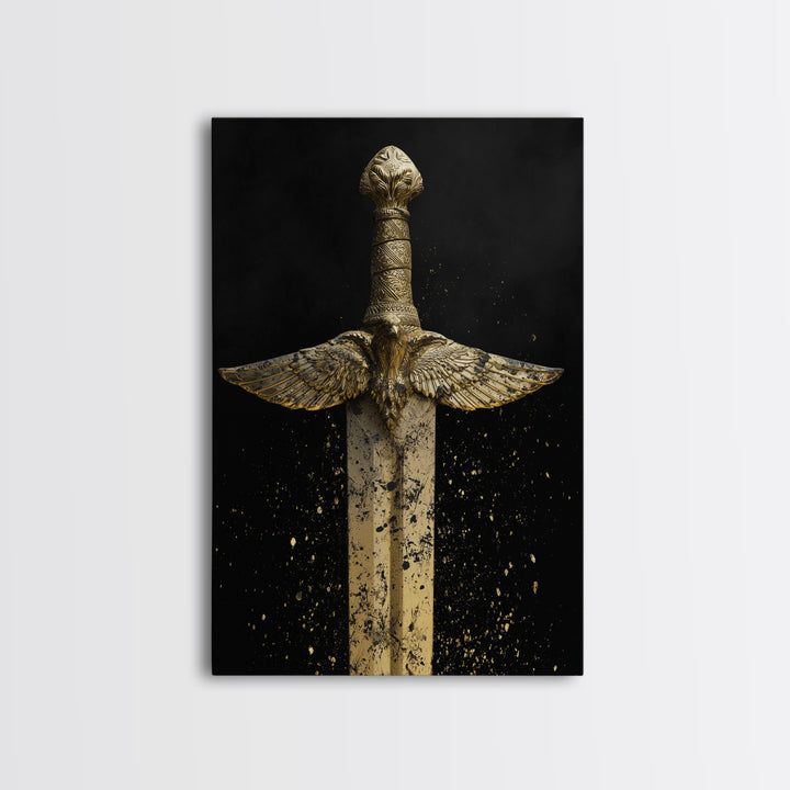 Golden Eagle Sword Canvas Gold Art – Ornate Medieval Blade with Spreading Wings, Real Wood Frame Warrior Home Décor