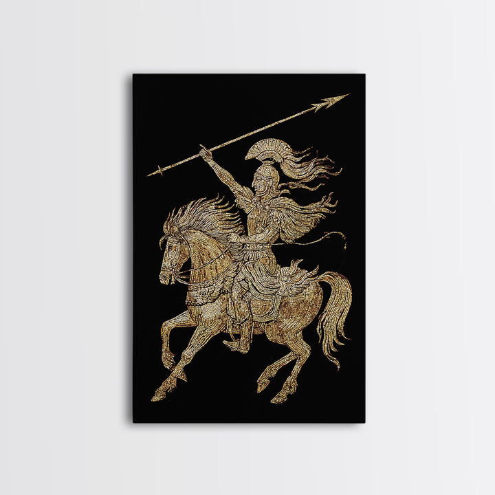 Ancient Warrior on Horseback Canvas Gold Canvas Print – Greek Mythology Spear Rider, Real Wood Frame Classical Wall Art