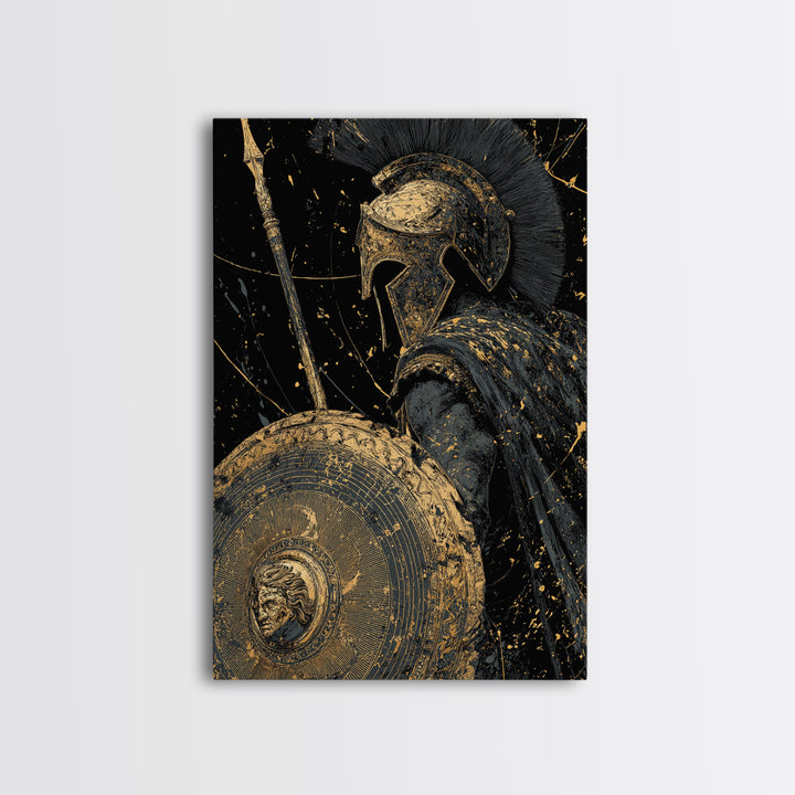Greek Hoplite Warrior Canvas Gold Art – Spartan Spear and Shield Design, Real Wood Frame Classical Battle Scene Wall Décor