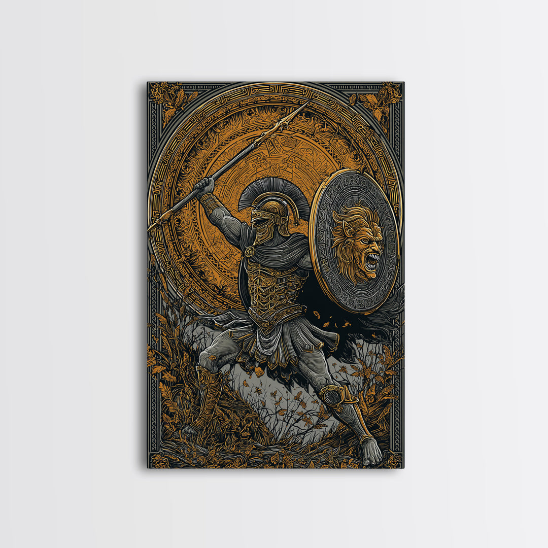 Heroic Spartan Warrior Canvas Gold Canvas Print – Lion Shield and Spear Combat Scene, Real Wood Frame Greek Mythology Art