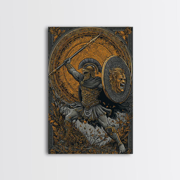 Heroic Spartan Warrior Canvas Gold Canvas Print – Lion Shield and Spear Combat Scene, Real Wood Frame Greek Mythology Art