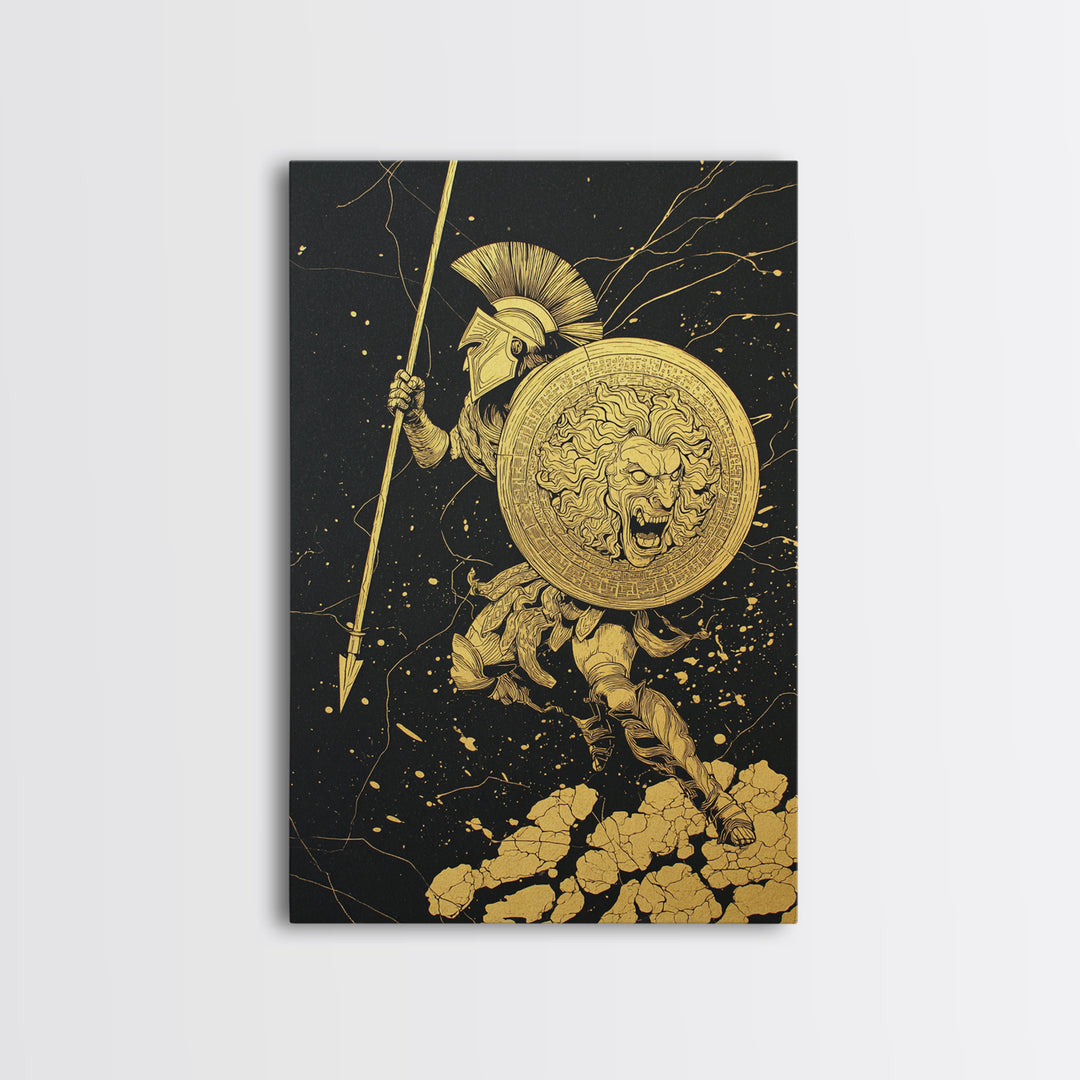 Charging Hoplite Warrior Canvas Gold Art – Greek Spear and Lion Shield Battle Pose, Real Wood Frame Ancient Warrior Wall Art