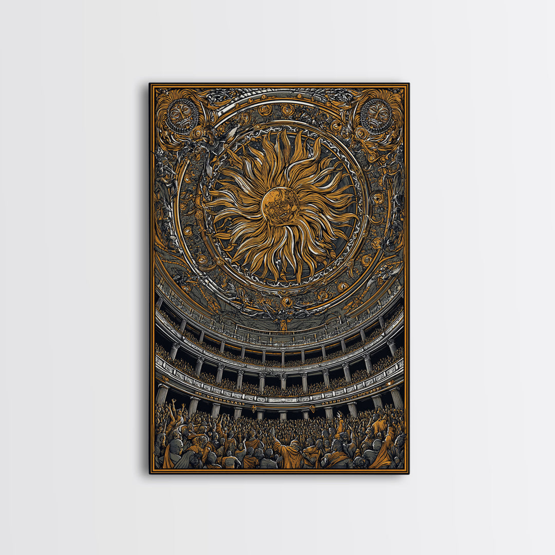 Grand Sun Ceiling Canvas Gold Canvas Print – Ornate Mythological Dome Artwork, Real Wood Frame Classical Architectural Wall Art