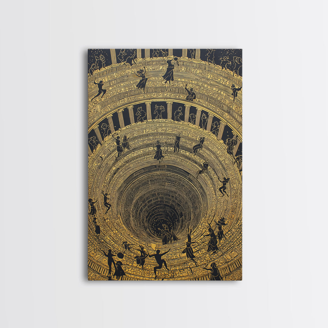 Mythic Underworld Descent Canvas Gold Art – Spiraling Figures in Ancient Pit Design, Real Wood Frame Fantasy Wall Décor