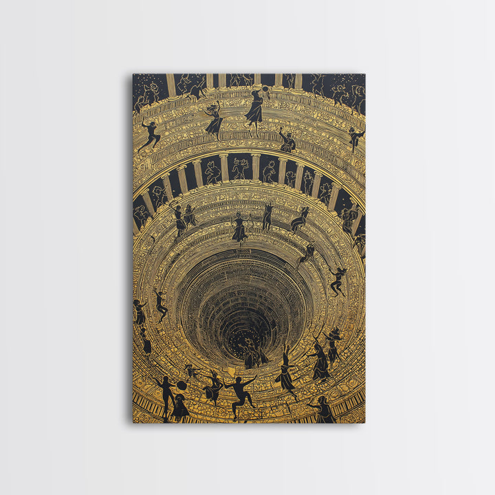 Mythic Underworld Descent Canvas Gold Art – Spiraling Figures in Ancient Pit Design, Real Wood Frame Fantasy Wall Décor