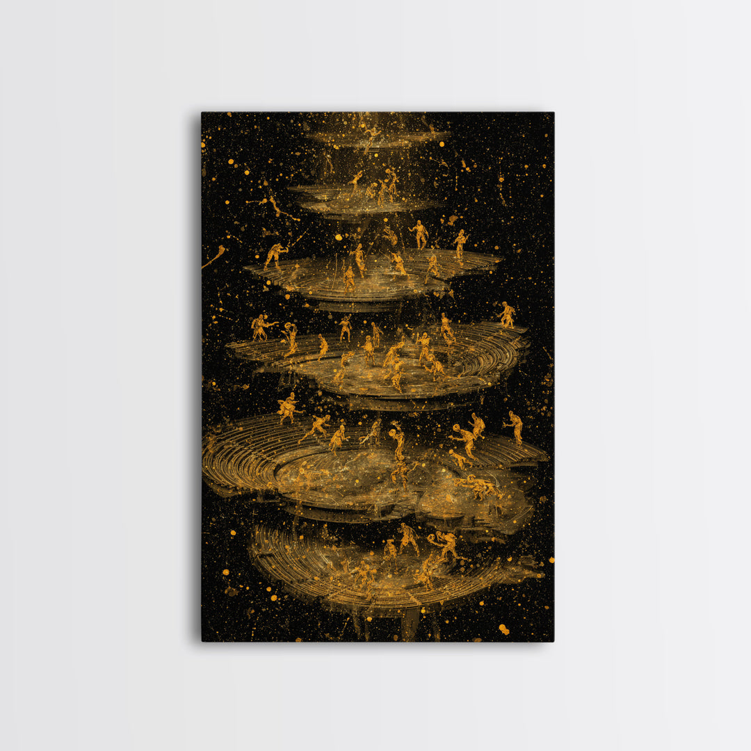 Celestial Battle Layers Canvas Gold Canvas Print – Mythological Figures Across Cosmic Rings, Real Wood Frame Fantasy Art