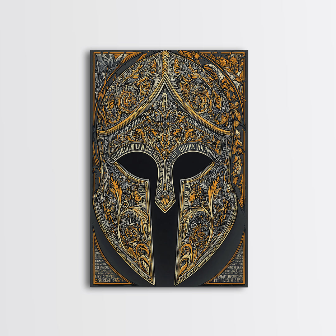 Mythic Greco-Roman Helmet with Ivy and Scrollwork – Canvas Gold Art, Framed Canvas Art with Real Wood, Ancient Battle Decor