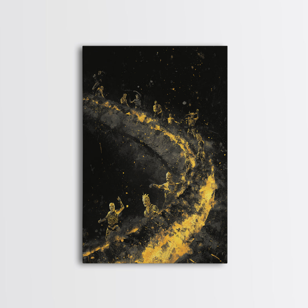 Warriors on Golden Path Canvas Gold Art – Surreal Spiral Battle Scene, Real Wood Frame Mythology Inspired Wall Décor