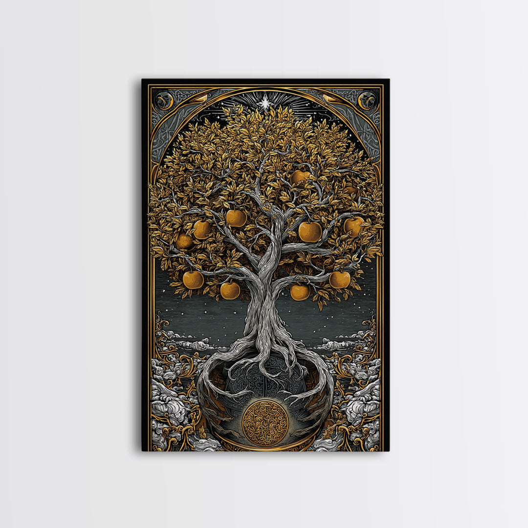 Tree Of Life Artwork, Mythical Golden Tree Wall Art, Canvas Gold Canvas Print, Real Wood Frame, Sacred Symbol Decor