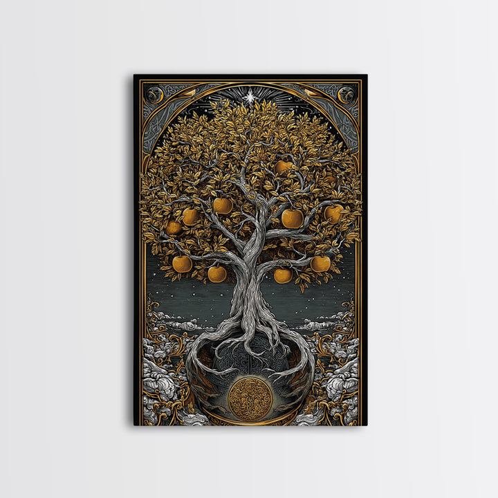 Tree Of Life Artwork, Mythical Golden Tree Wall Art, Canvas Gold Canvas Print, Real Wood Frame, Sacred Symbol Decor