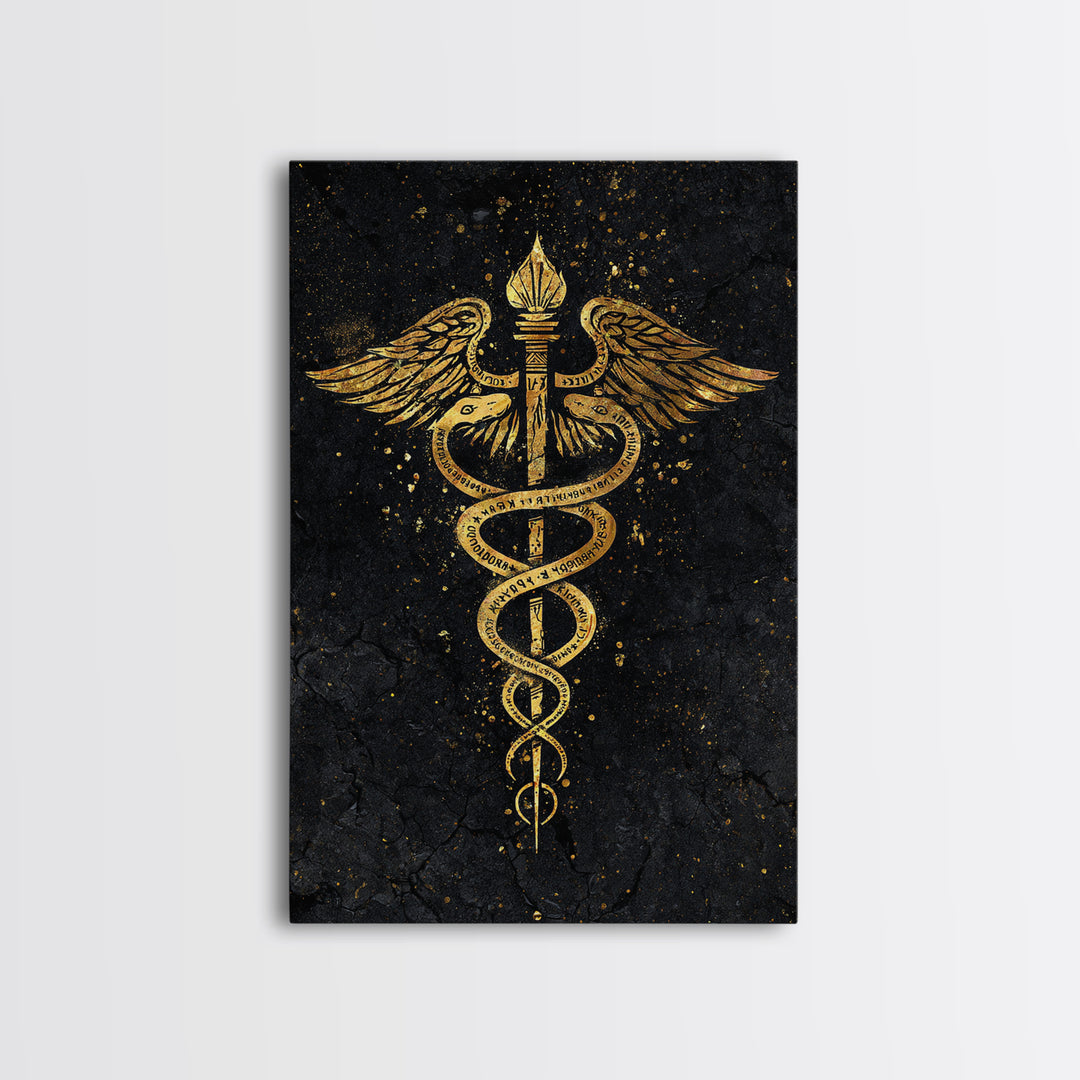 Caduceus Symbol Wall Art, Serpent And Wings Medical Symbol Artwork, Canvas Gold Canvas Print, Real Wood Frame Decor
