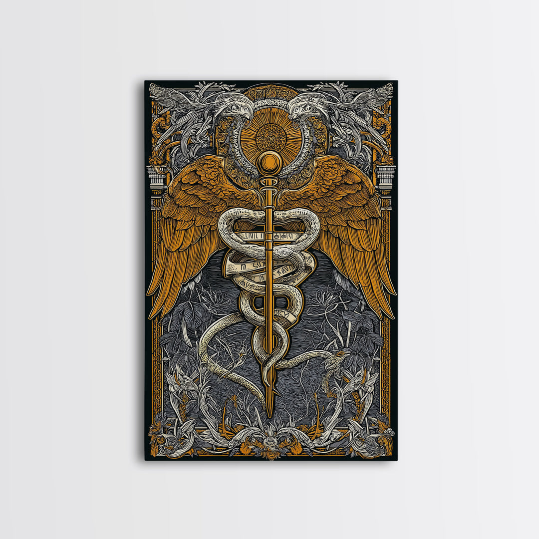 Ornate Medical Symbol Artwork, Caduceus Wall Decor With Wings And Serpents, Canvas Gold Canvas Print, Real Wood Frame