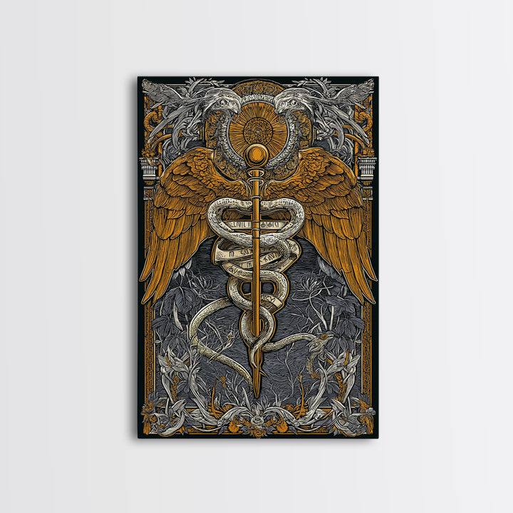 Ornate Medical Symbol Artwork, Caduceus Wall Decor With Wings And Serpents, Canvas Gold Canvas Print, Real Wood Frame
