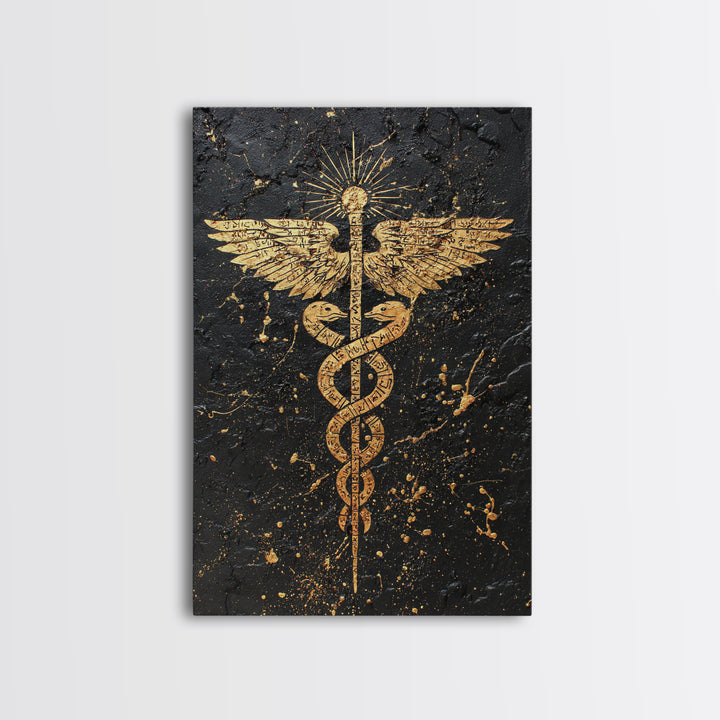 Ancient Caduceus Symbol Art, Golden Serpent And Staff Artwork, Canvas Gold Canvas Print, Real Wood Frame Wall Decor