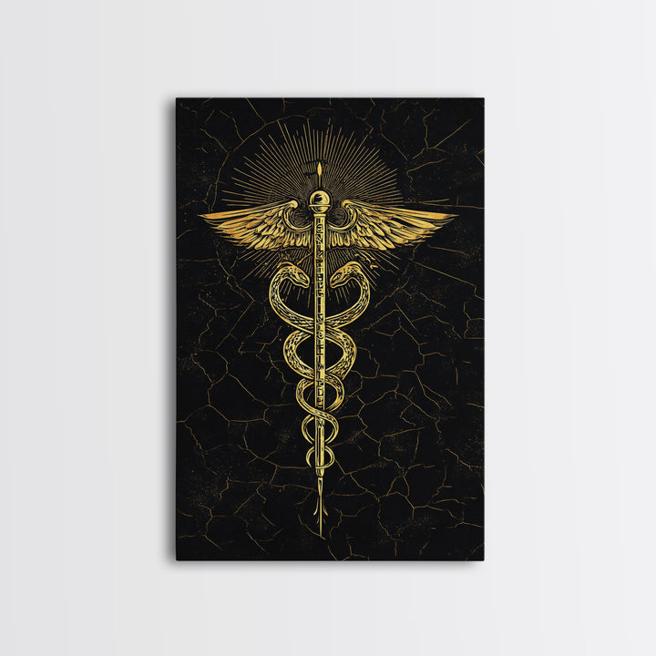 Radiant Caduceus Symbol Wall Art, Serpent And Winged Staff Artwork, Canvas Gold Canvas Print, Real Wood Frame Decor
