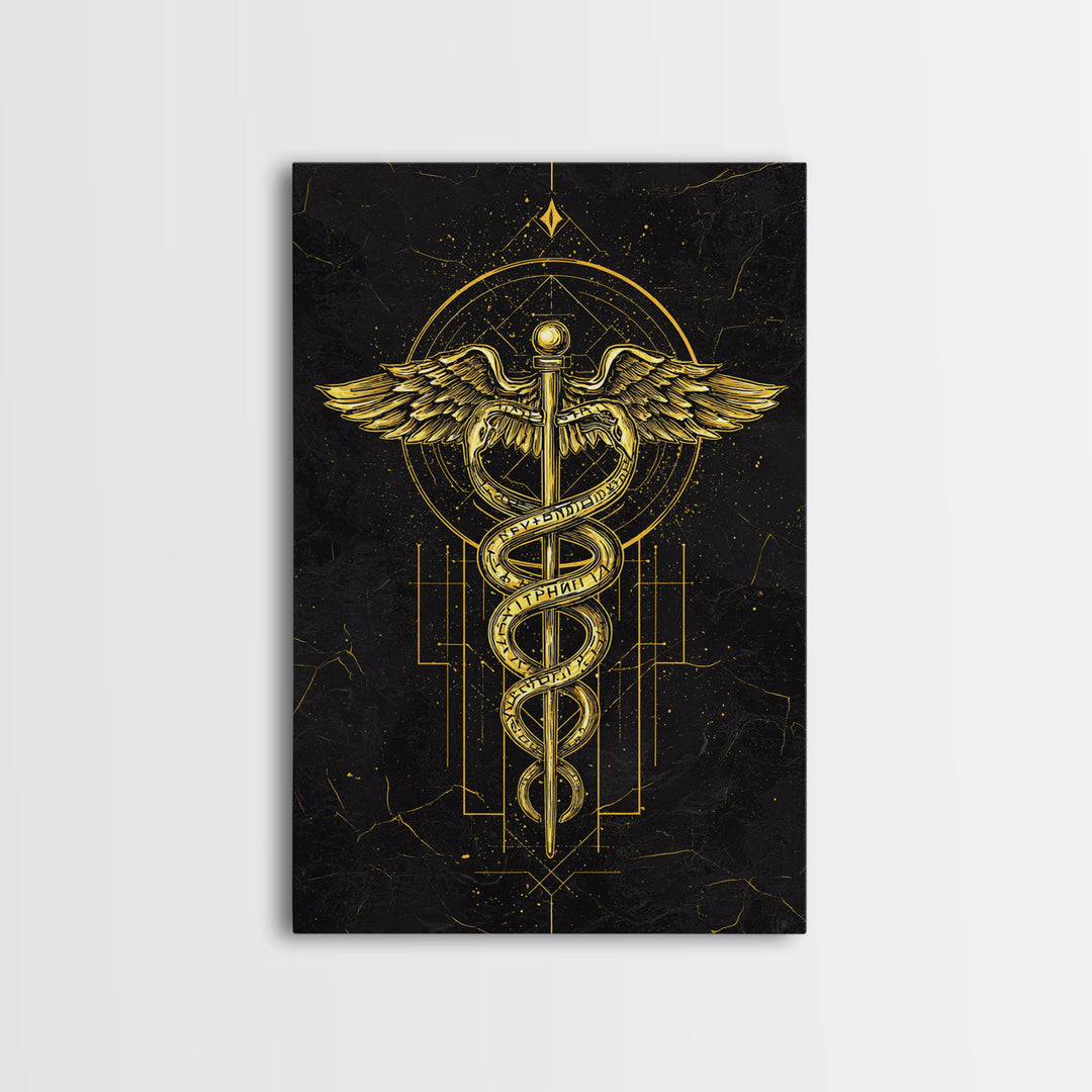 Geometric Caduceus Symbol Artwork, Sacred Serpent And Staff Wall Art, Canvas Gold Canvas Print, Real Wood Frame Decor