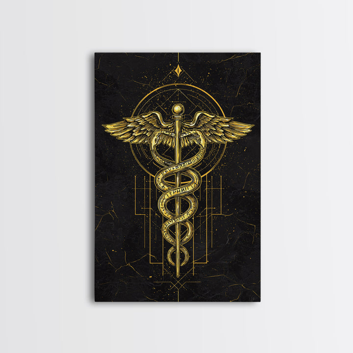 Geometric Caduceus Symbol Artwork, Sacred Serpent And Staff Wall Art, Canvas Gold Canvas Print, Real Wood Frame Decor