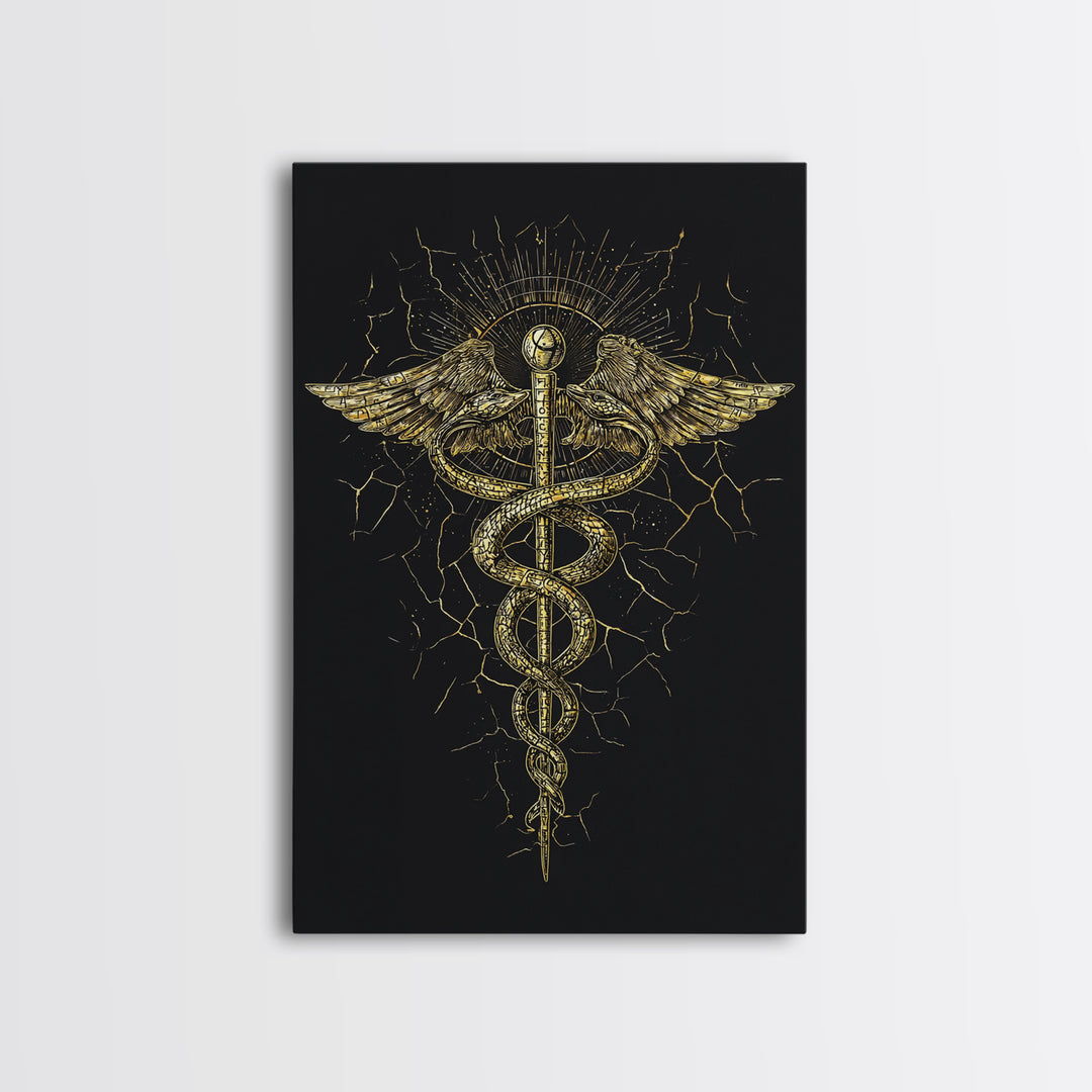 Caduceus Medical Symbol Wall Art, Serpent And Wings Ancient Staff Artwork, Canvas Gold Canvas Print, Real Wood Frame