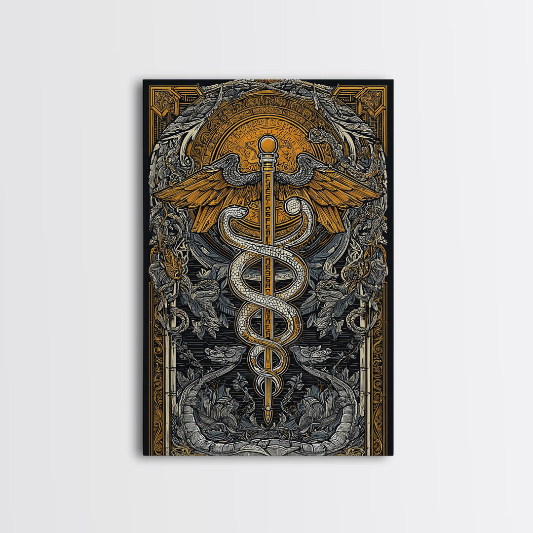 Botanical Caduceus Symbol Artwork, Ornate Serpent And Wings Wall Art, Canvas Gold Canvas Print, Real Wood Frame Decor