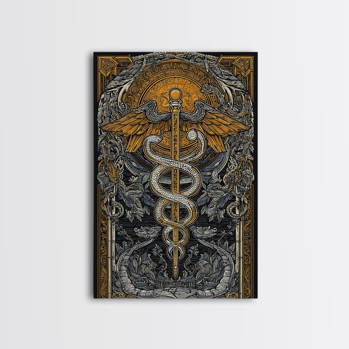 Botanical Caduceus Symbol Artwork, Ornate Serpent And Wings Wall Art, Canvas Gold Canvas Print, Real Wood Frame Decor