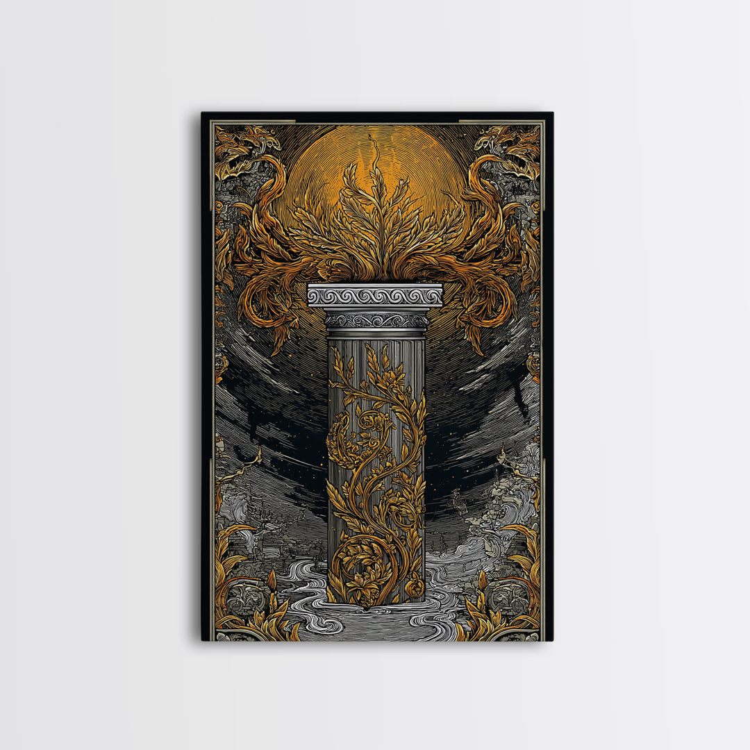 Greek Column Artwork, Mythical Pillar With Golden Flames Wall Art, Canvas Gold Canvas Print, Real Wood Frame Decor