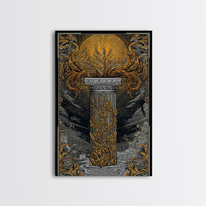 Greek Column Artwork, Mythical Pillar With Golden Flames Wall Art, Canvas Gold Canvas Print, Real Wood Frame Decor