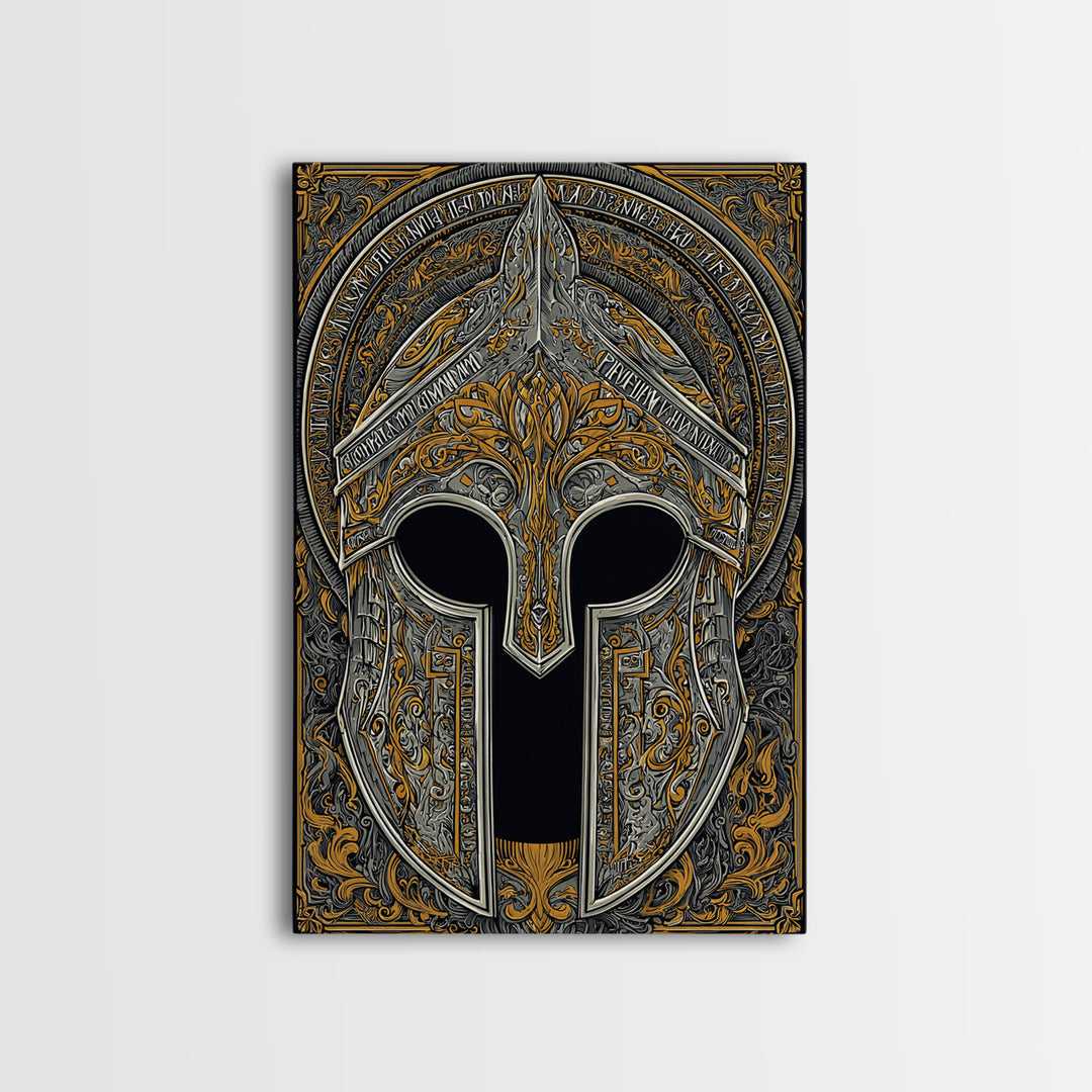 Ornate Bronze and Silver Spartan Helmet Wall Print – Canvas Gold Art, Real Wood Frame Canvas Art, Classical Greek Warrior Decor