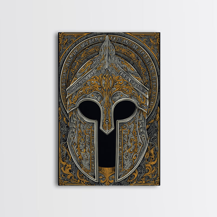 Ornate Bronze and Silver Spartan Helmet Wall Print – Canvas Gold Art, Real Wood Frame Canvas Art, Classical Greek Warrior Decor