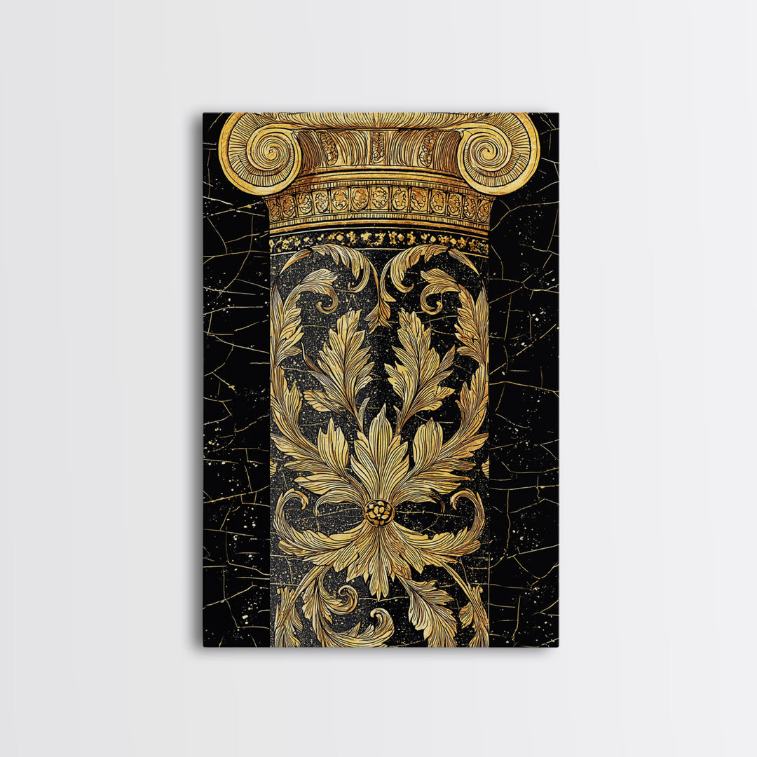 Greek Column Detail Artwork, Ornate Corinthian Pillar Wall Art, Canvas Gold Canvas Print, Real Wood Frame Classic Decor