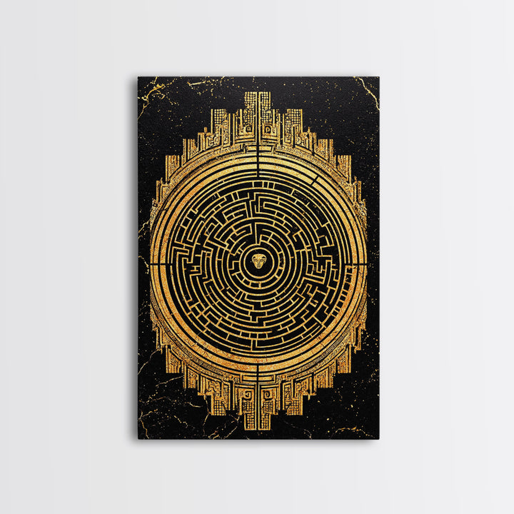 Labyrinth Maze Artwork, Mythical Minotaur Symbol Wall Art, Canvas Gold Canvas Print, Real Wood Frame, Ancient Greek Decor