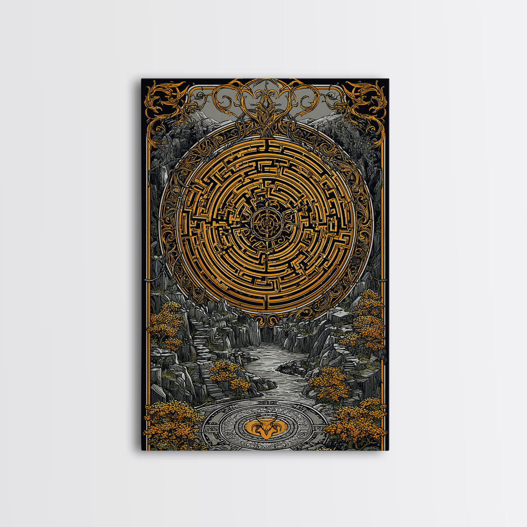 Ancient Maze Artwork, Mystical Labyrinth Symbol Wall Art, Canvas Gold Canvas Print, Real Wood Frame, Mythology Inspired Decor