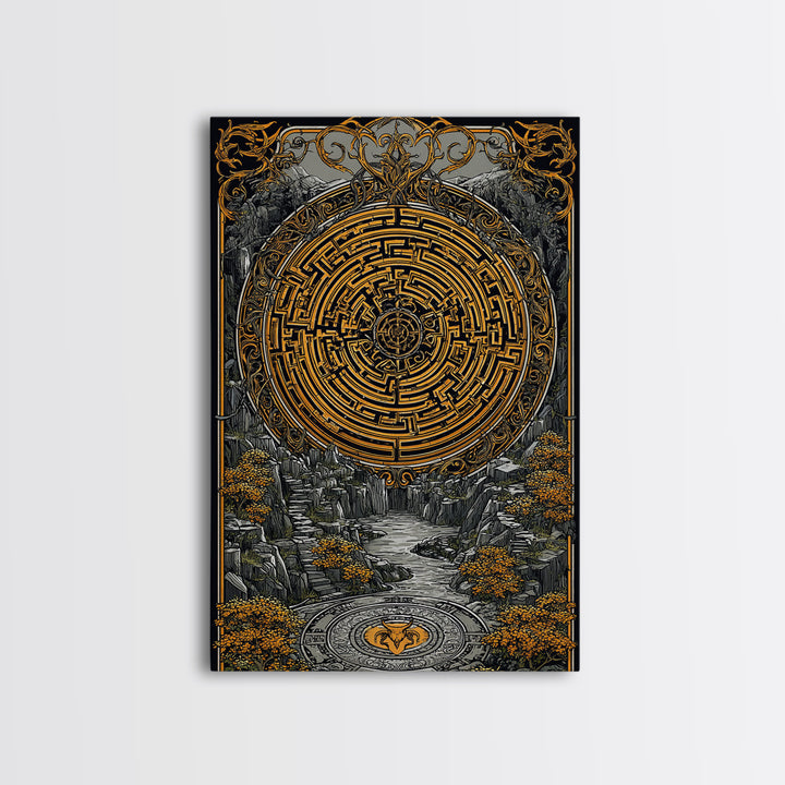 Ancient Maze Artwork, Mystical Labyrinth Symbol Wall Art, Canvas Gold Canvas Print, Real Wood Frame, Mythology Inspired Decor