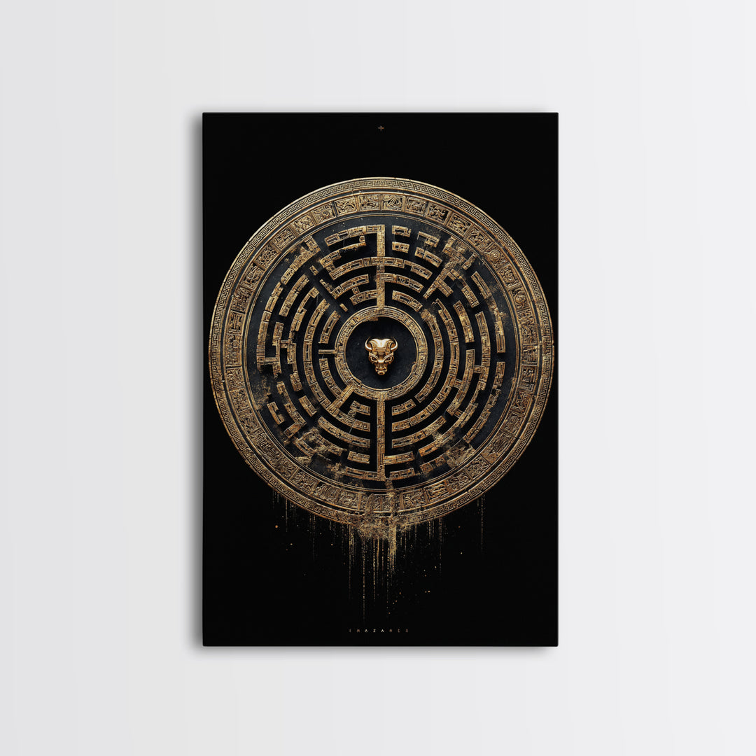 Greek Labyrinth Artwork, Mythical Minotaur Maze Symbol Wall Art, Canvas Gold Canvas Print, Real Wood Frame, Esoteric Decor