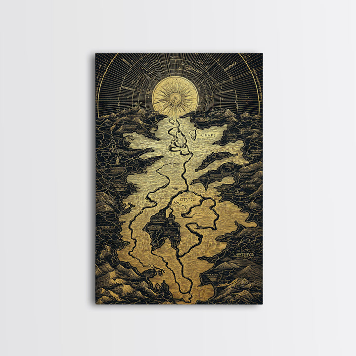 Celestial Map Artwork, Mythical Golden Sun And River Wall Art, Canvas Gold Canvas Print, Real Wood Frame, Ancient Inspired Decor