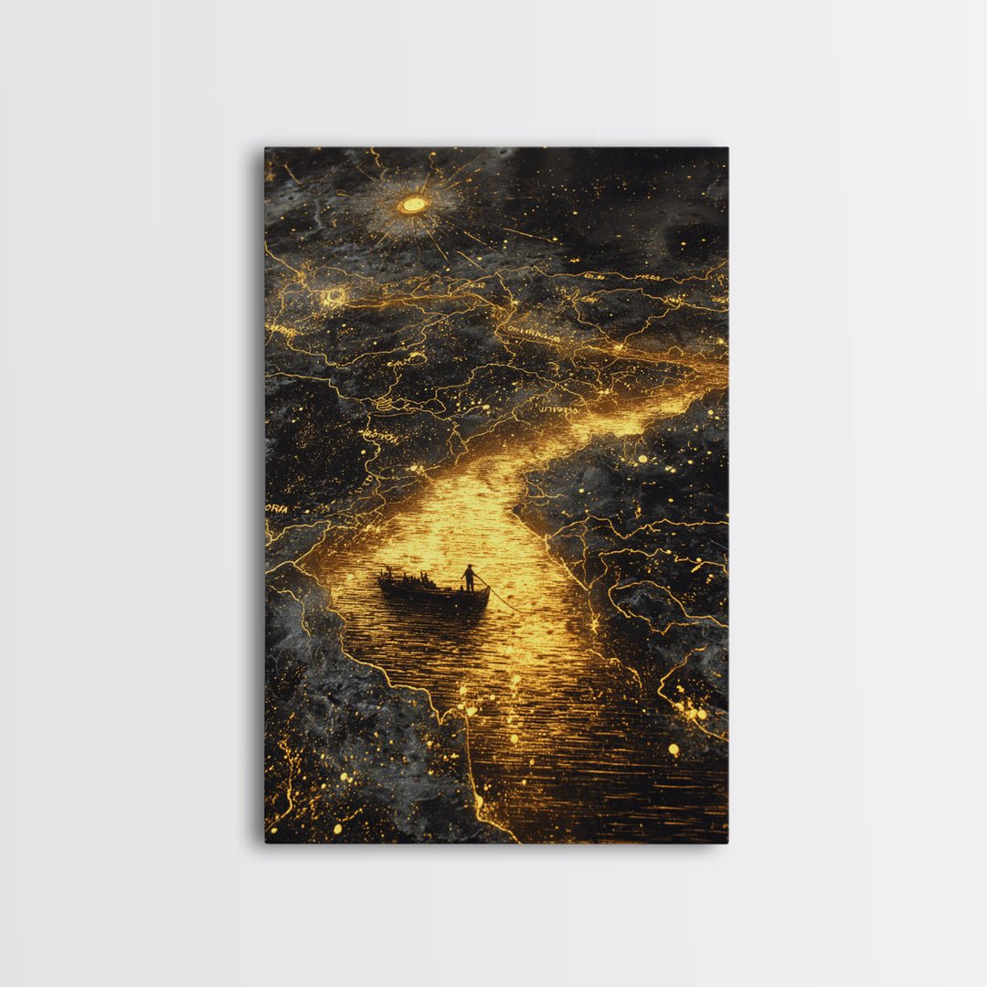 Mythical Boat Journey Artwork, Celestial Golden Map Wall Art, Canvas Gold Canvas Print, Real Wood Frame, Mystical Decor