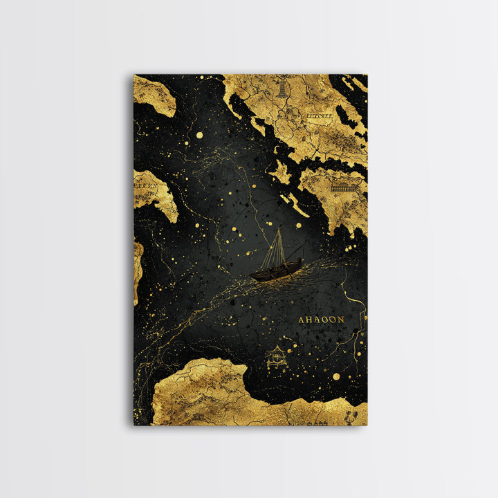 Golden Voyage Map Artwork, Ancient Nautical Journey Wall Art, Canvas Gold Canvas Print, Real Wood Frame, Mythical Decor